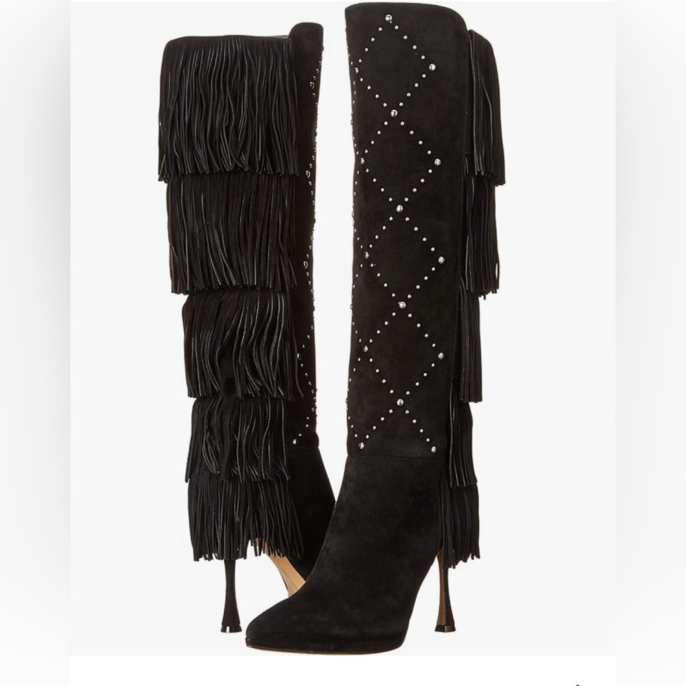 Vince Camuto Panaryaz suede platform Fringe & studs Knee High Boot Black 6.5 NEW